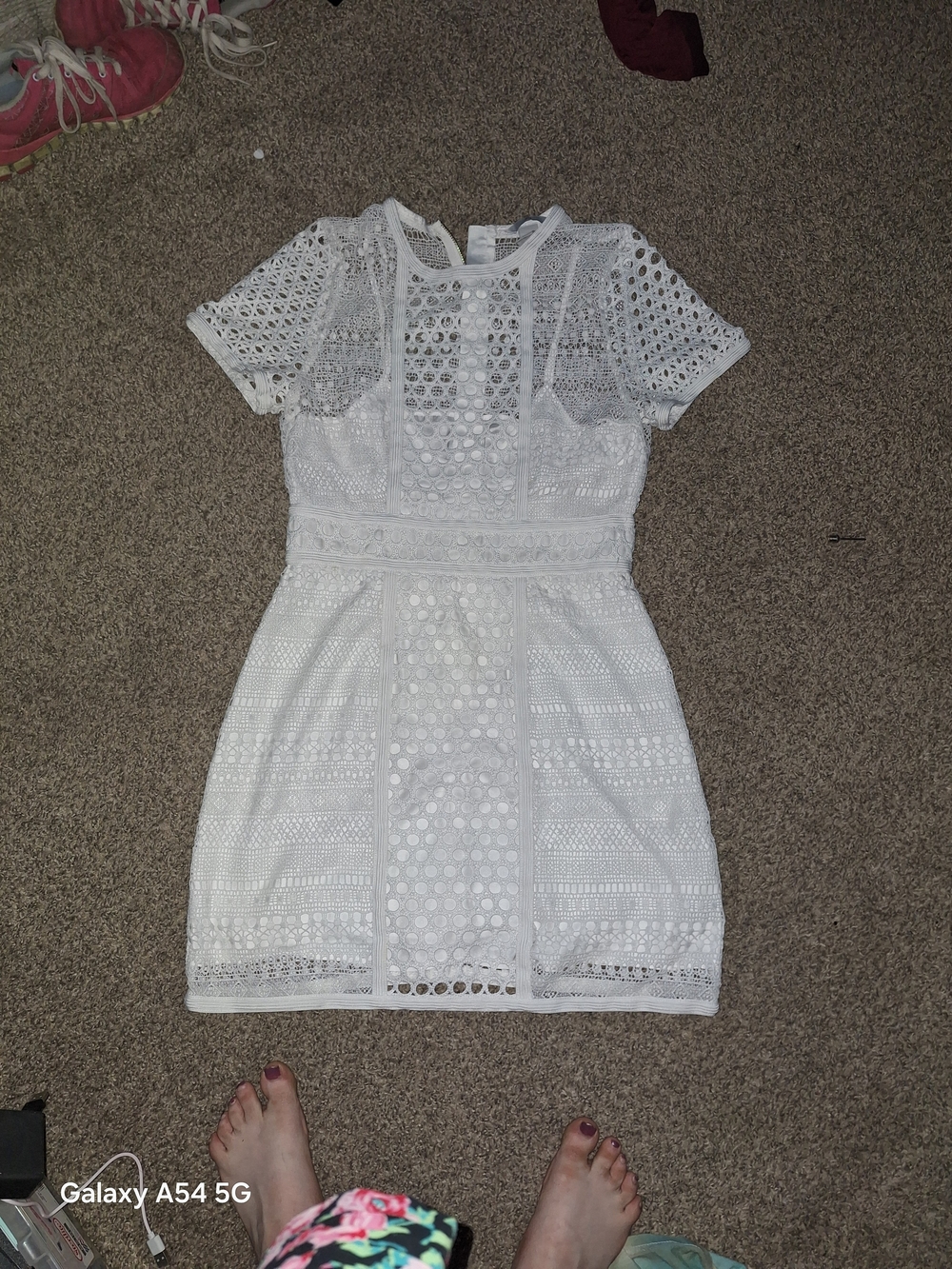 White Lace Short-Sleeve Mini Dress